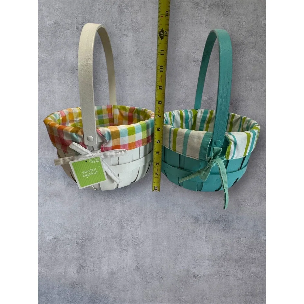 Baskets and Grass Easter Basket Set of 2 Kids White Teal Gingham Striped Slats